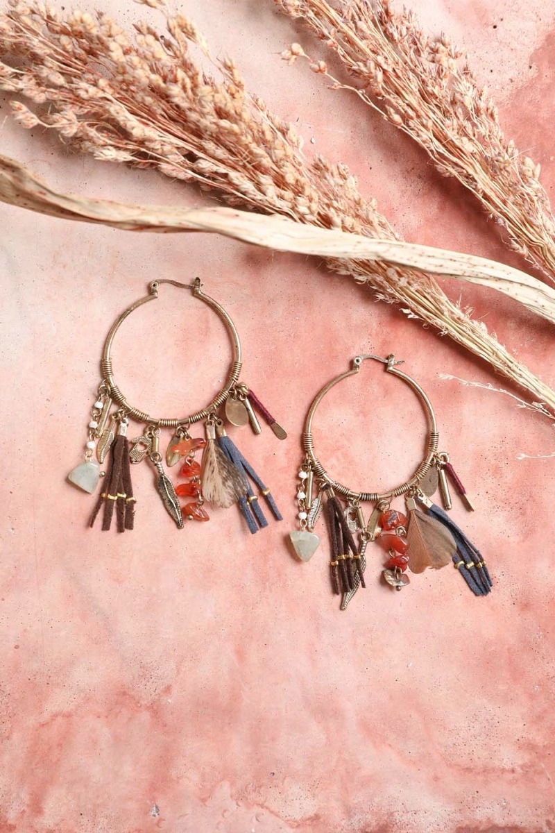 Unique Timeless Boho Inspired Fashion Carnelian & Jade Feather Fringe Hoop Earrings Wholesale Supplier 