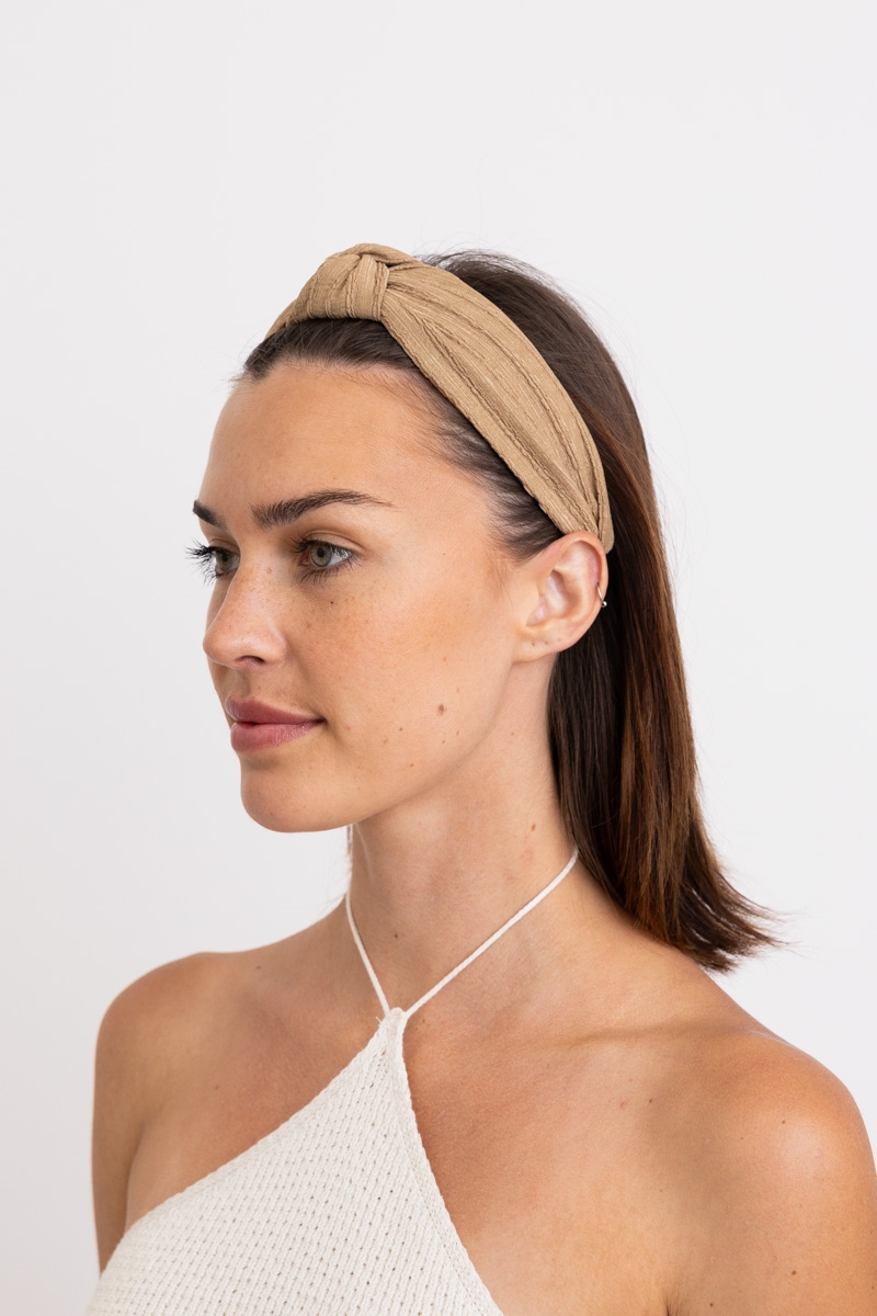 Mocha boho top knotted headband modeled, perfect stylish accessory for women