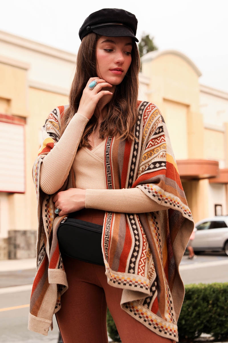 Camel Brown Best Selling Boho Style Vertical Stripe Multi pattern Color blend Ruana Wrap Wholesale 