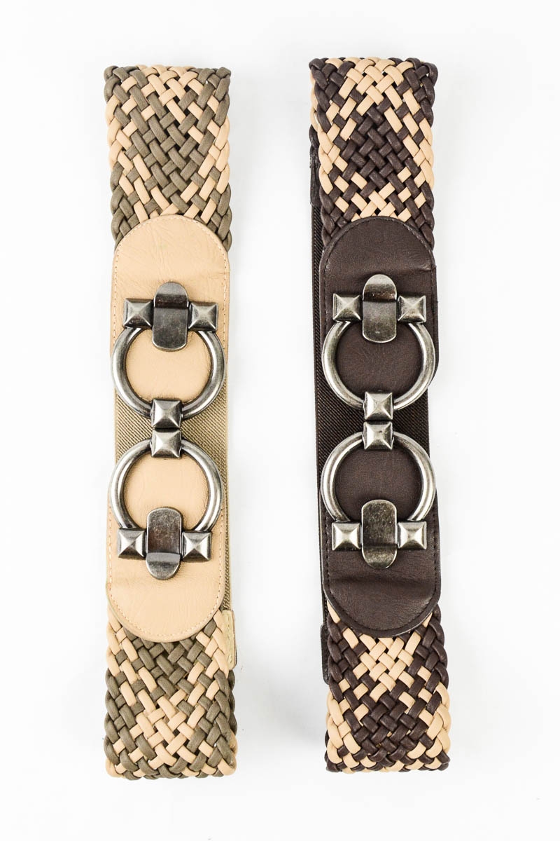 Braided elastic band belt with gunmetal buckle leto wholesale mocha