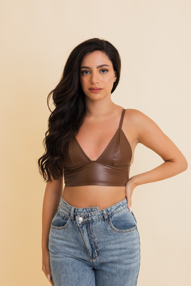 Brown vegan leather longline bralette with a deep V-neck, perfect for modern styling.