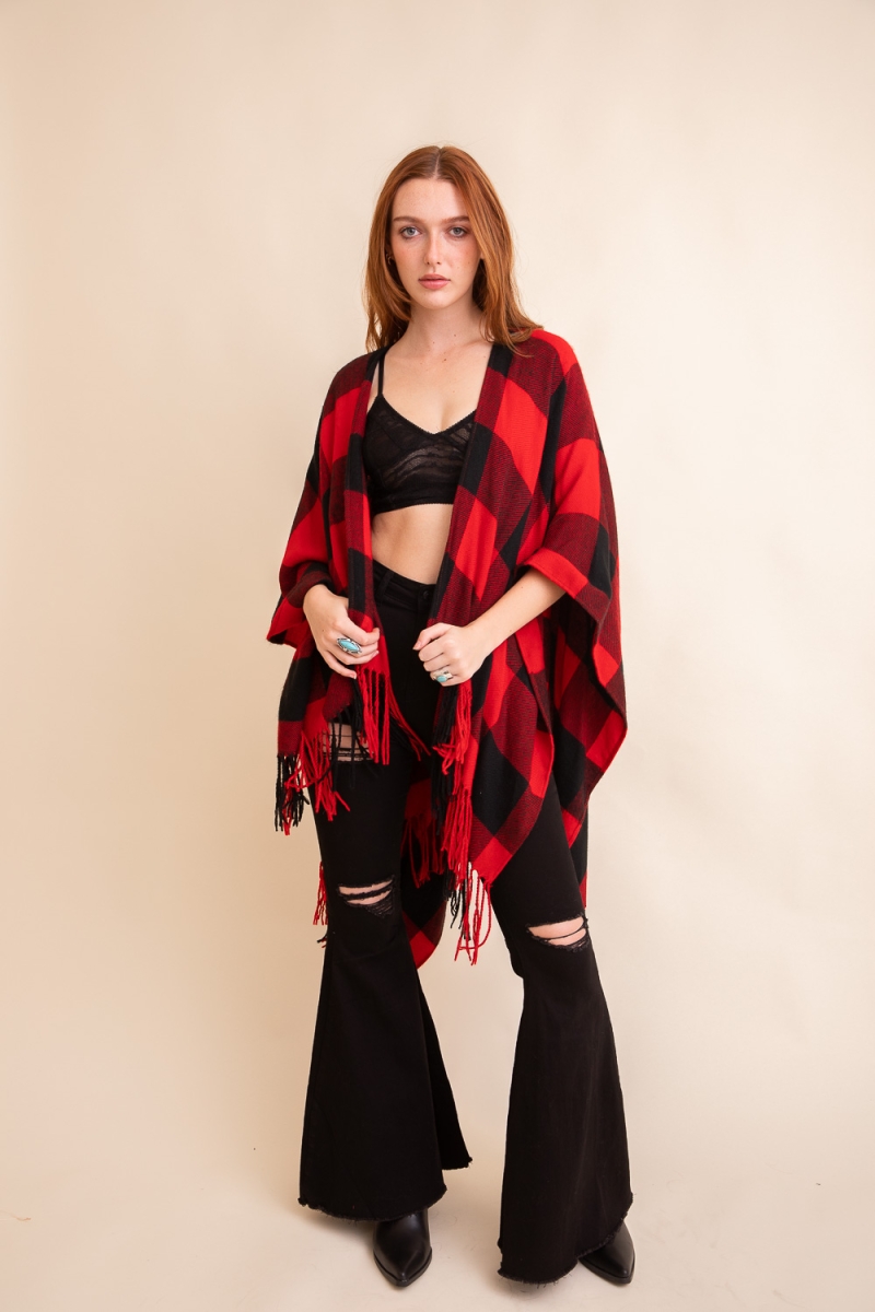 buffalo check plaid tassel ruana shawl winter cape poncho red black