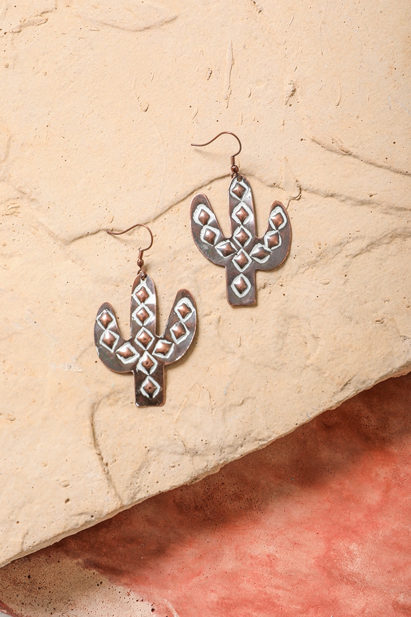 Boho Chic Style Bronze Cactus Dangling Earrings