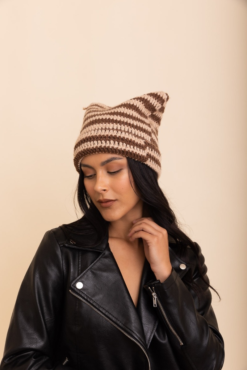 Cat ear striped crocheted knitted beanies hats mocha