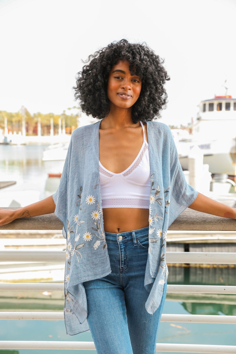 Casual chambray kimono with delicate embroidery perfect for a laid-back day
