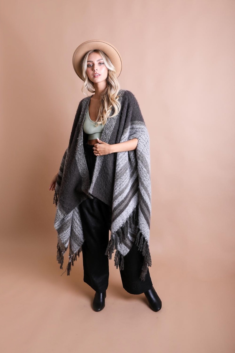 tone strip bohemian ruana wrap poncho wholesale charcoal gray