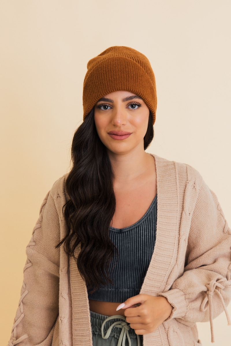 Copper Front Fold Ribbed Knit Beanie – Warm and Stylish