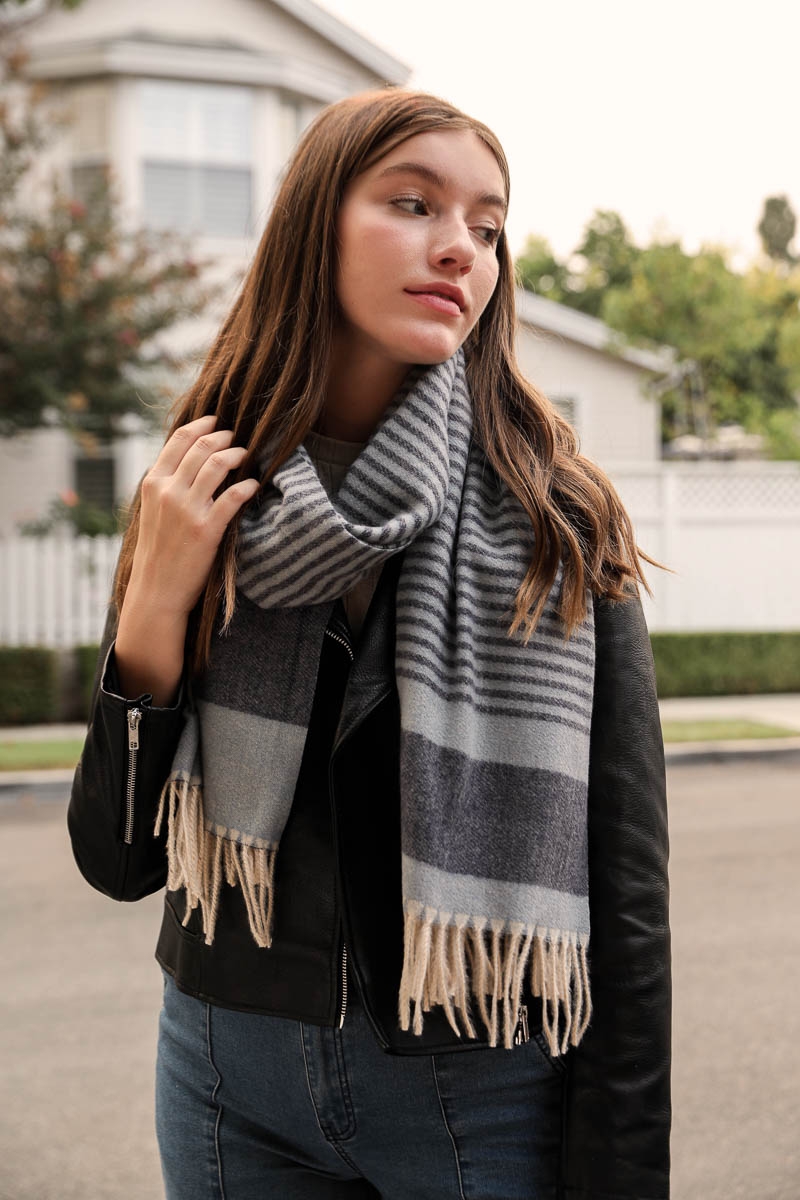 Blue Navy Striped Woven Tassel Scarf - Stylish Accessory