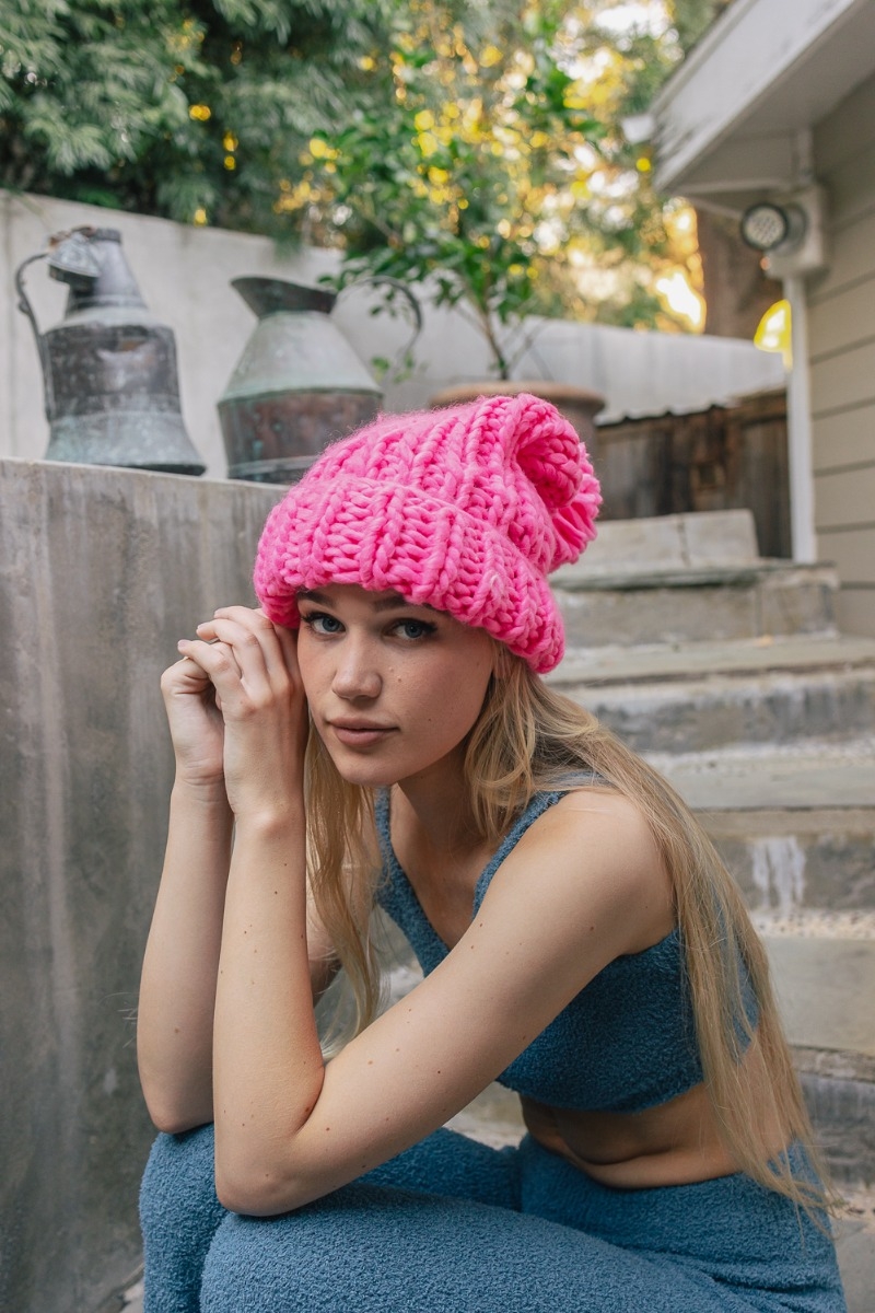 Hot pink chunky cable knit beanie with pom, cozy winter accessory