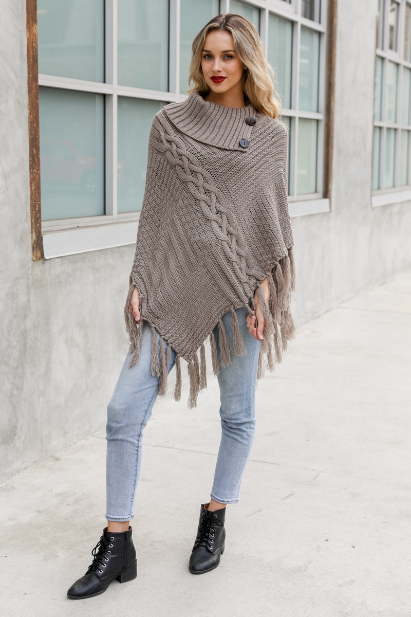 Mocha Quality Trendy Cozy High Neck Multi Tasseled Poncho Wholesale