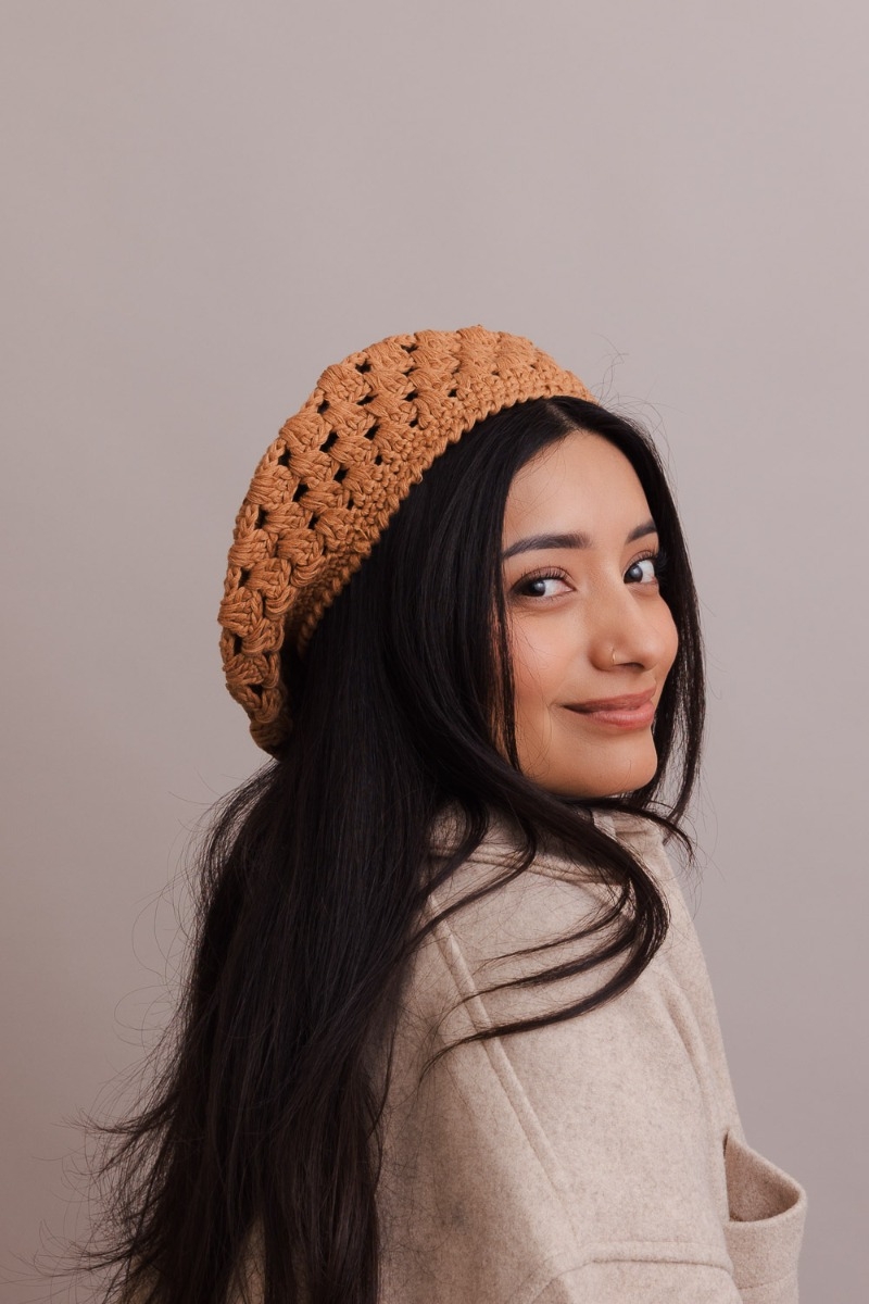 Camel crochet cotton slouchy beret beanie