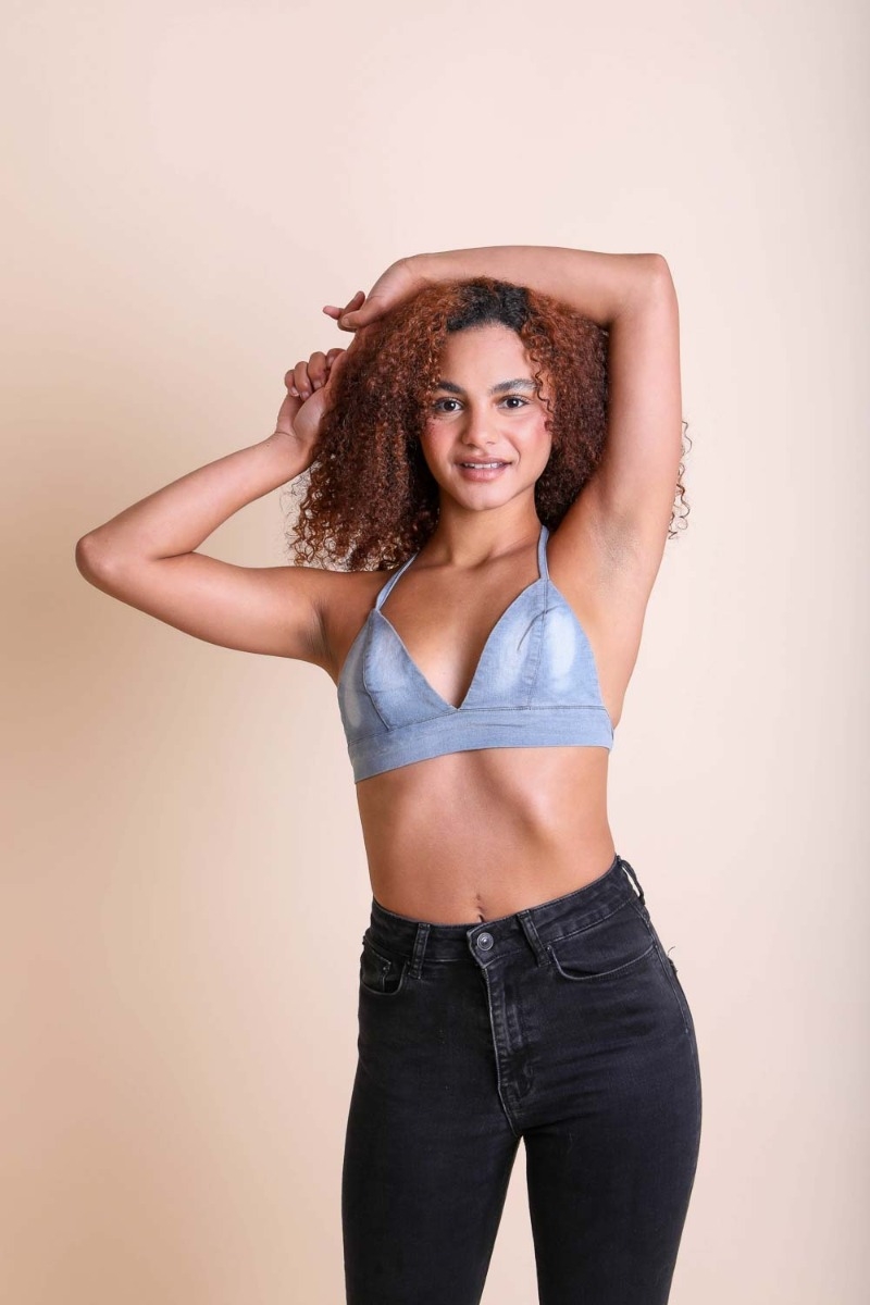 Denim lightweight cross back bralette top, combining comfort and style