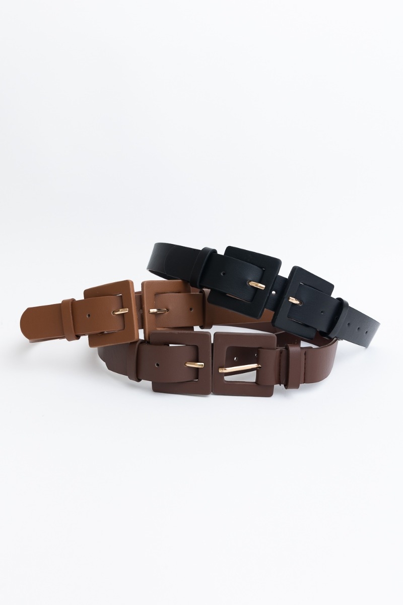 Double buckle vegan leather belt for men and women, eco-friendly fashion accessory.