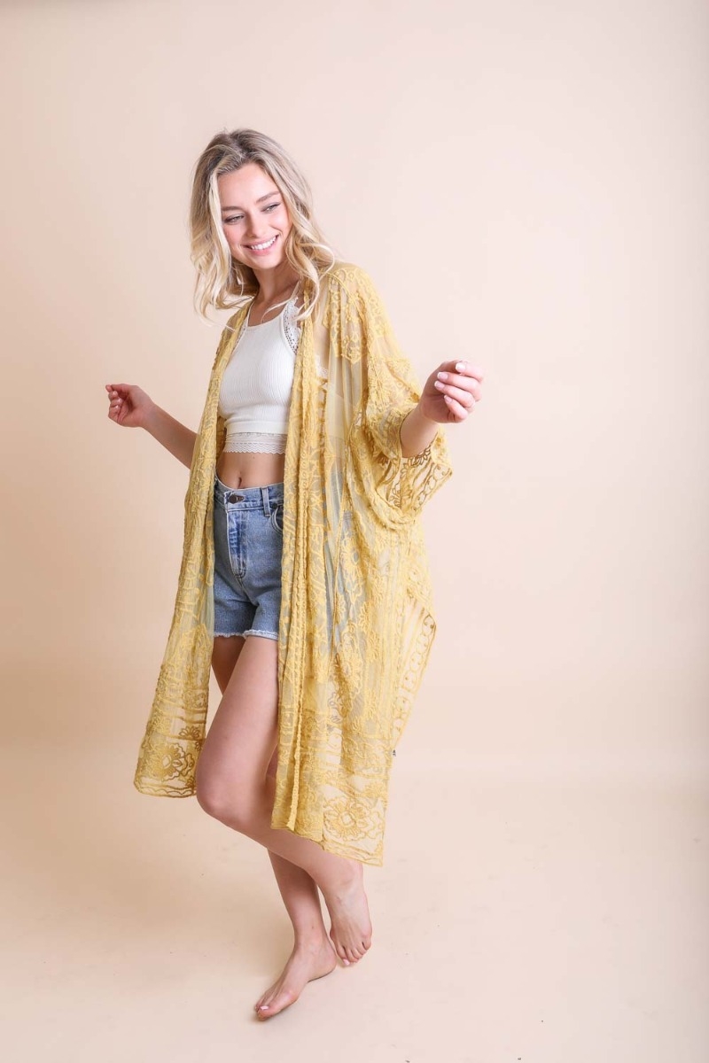 Mustard Floral Mandala Embroidered Mesh Kimono Vendor Supplier Made in China Low Minimum Cheap Price Profitable High Sell-through Fast Shipping Bulk Order