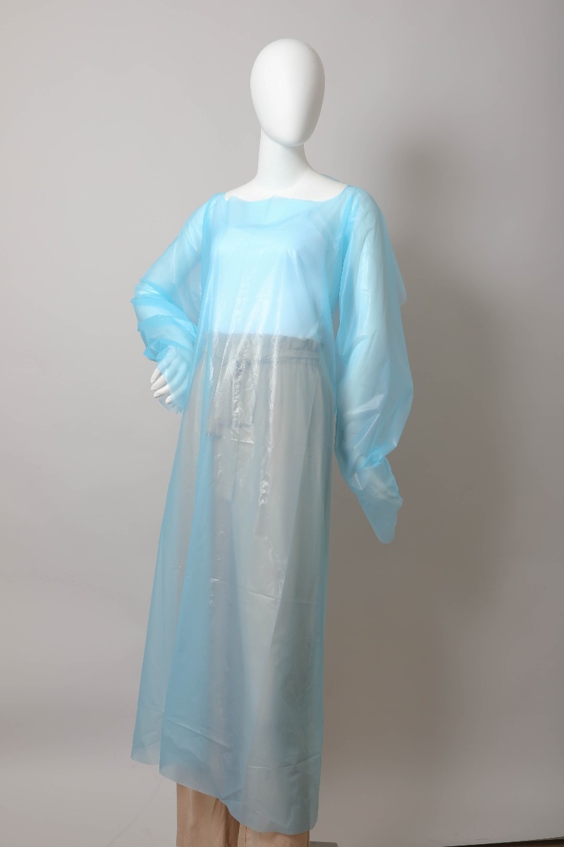 Fluid-resistant durable CPE isolation gown for hygiene and protection.