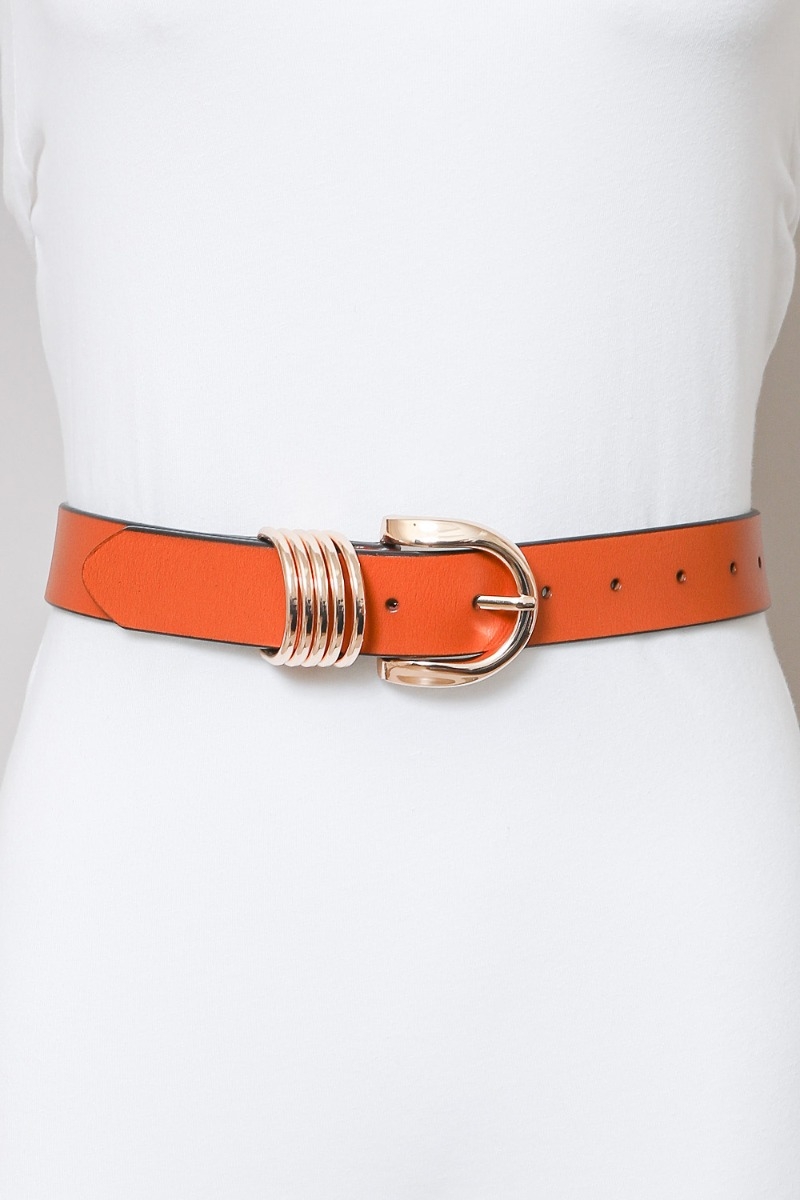 Four accent ring gold buckle waist belt in camel with chic style