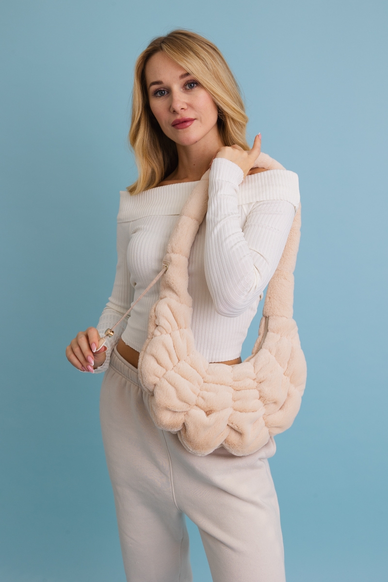 Furry plush cloud crossbody bag in ivory, front view