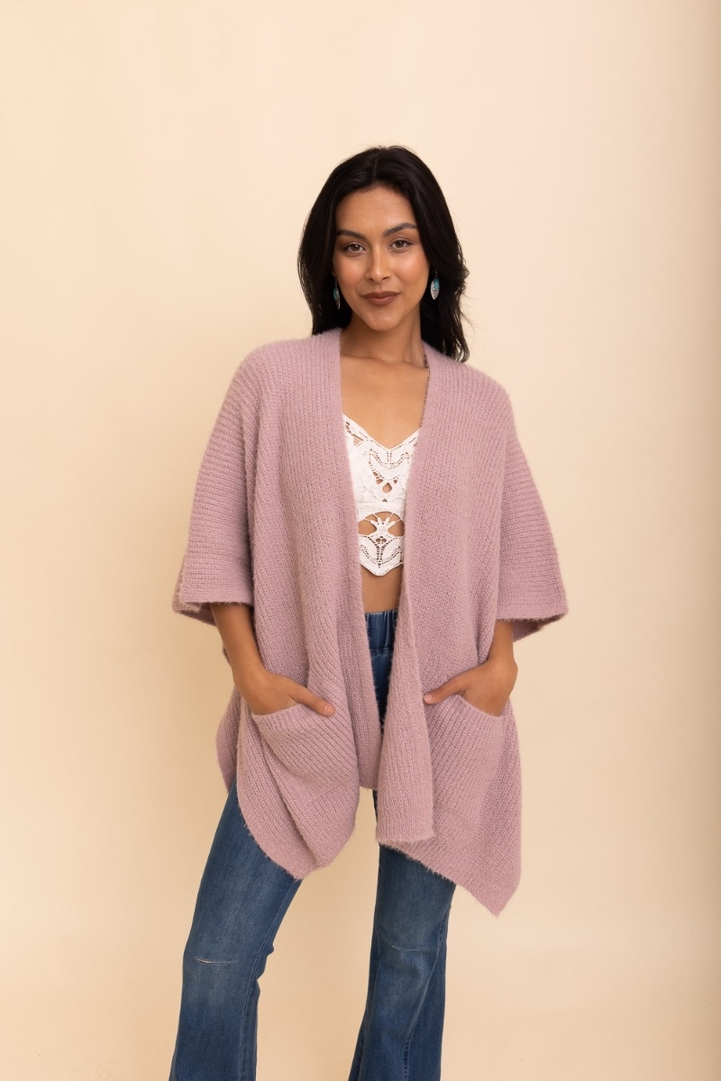 Fuzzy knit poncho cardigan kimono for winter soft colors barbie pink