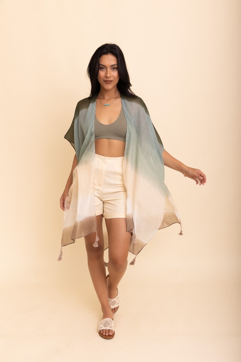 Gradient ombre colors kimono lightweight flowy tassels beach cover up