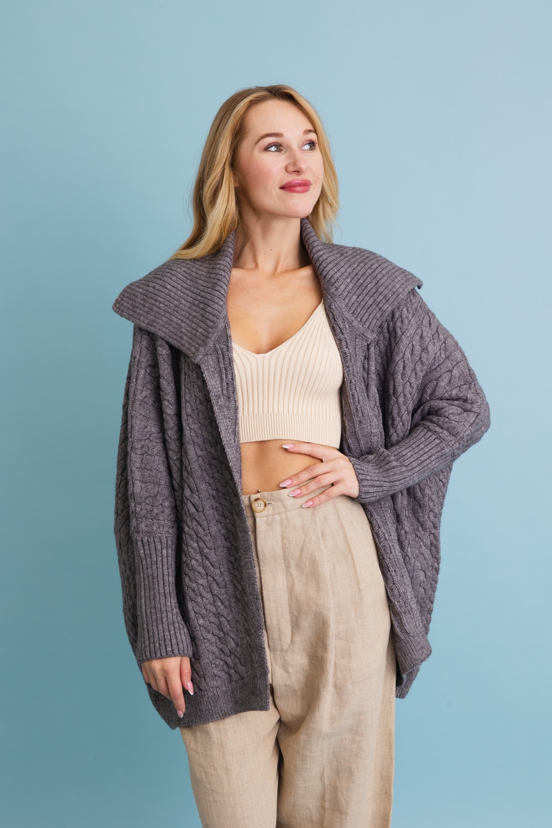 Gray chunky cable knit poncho, oversized and cozy style