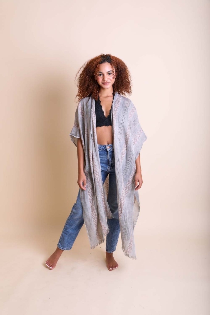 Gray tribal woven kimono longline for women, perfect for casual wear