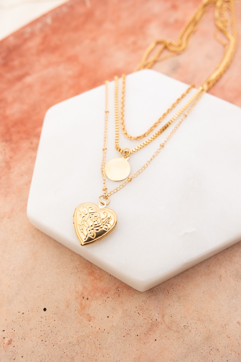 Gold heart locket layered necklace with delicate double chains