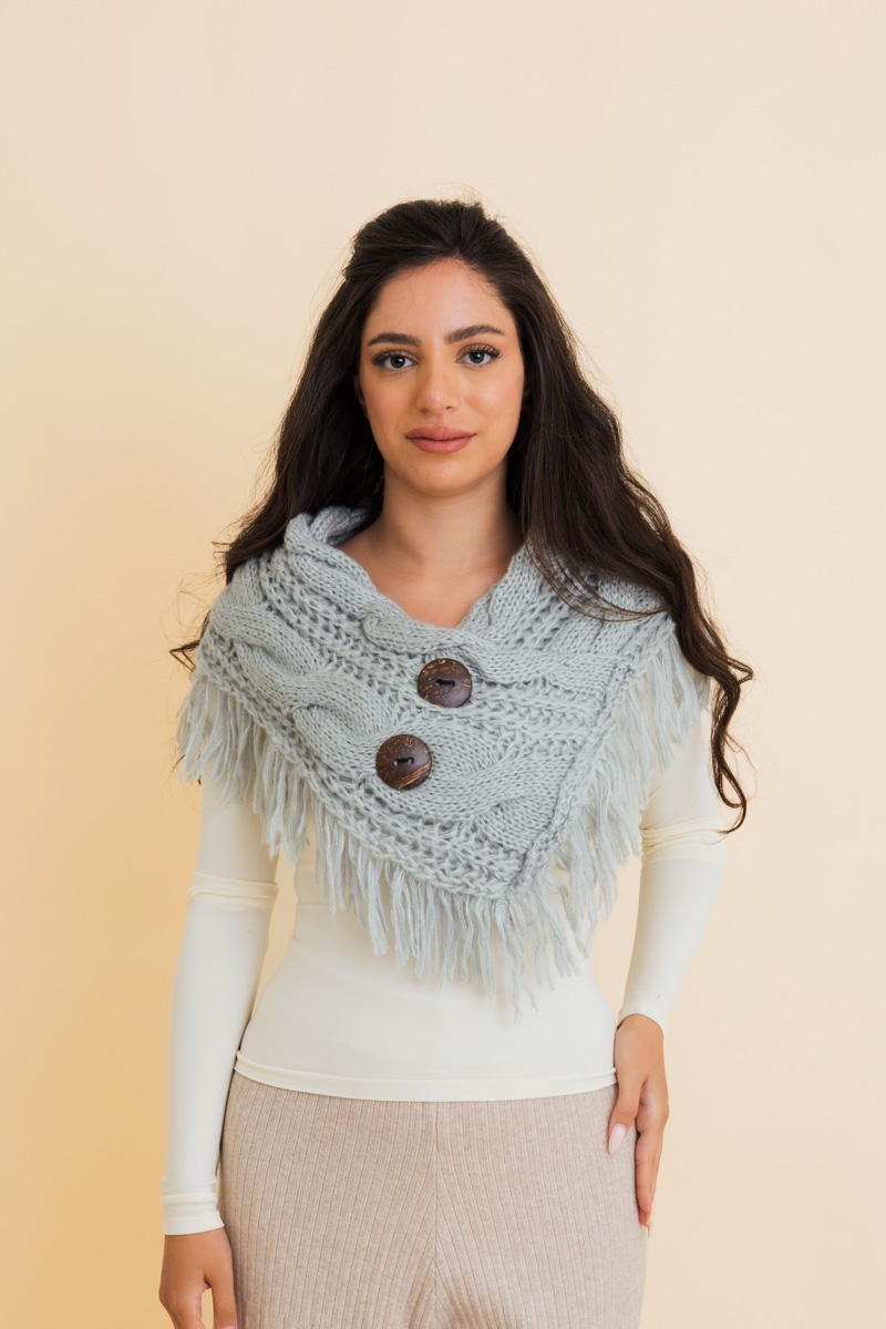 Heathered Fringe Shoulder Warmer in Sage with Coconut Buttons – cozy and stylish