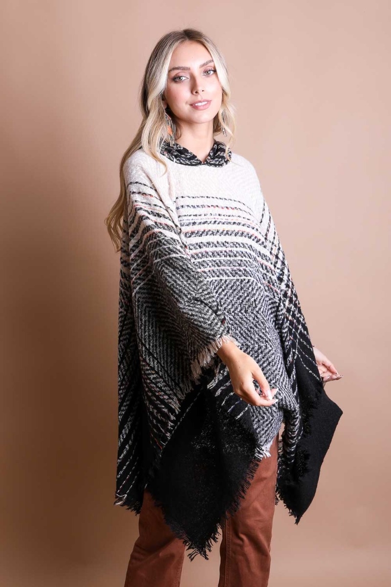 herrringbone tweed hooded frayed edge poncho plaid hoodie fall winter