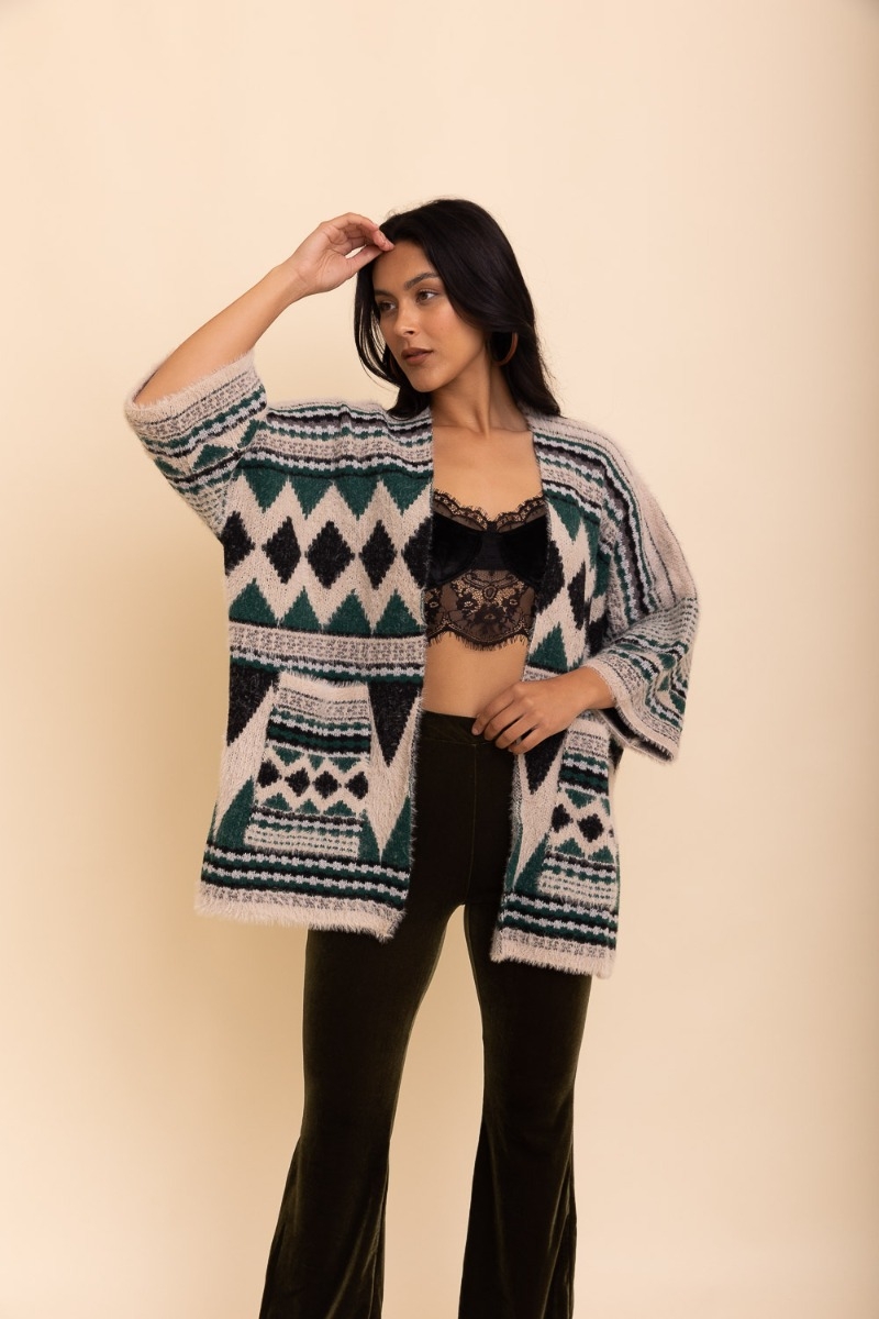 intricate tribal pattern 3/4 sleeve ruana olive wholesale supplier