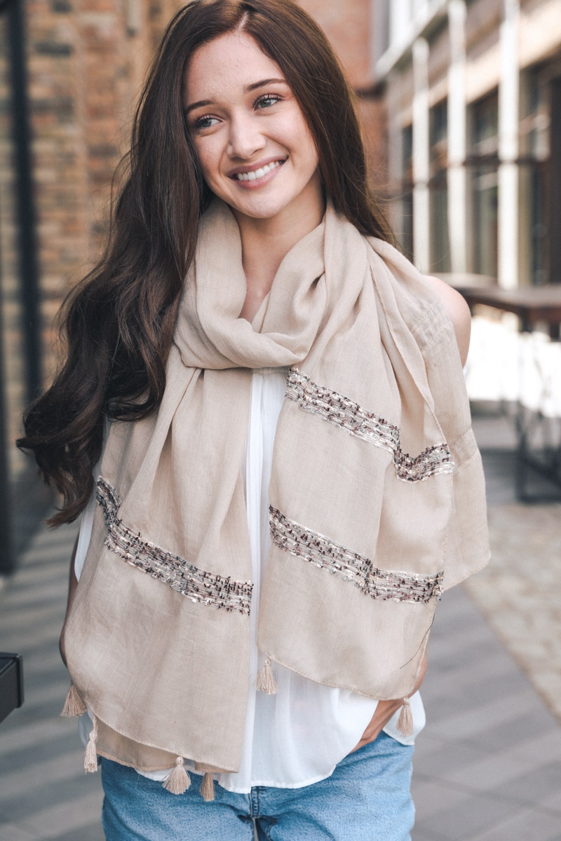 New lightweight ethnic stitch scarf with tassel wholesale from Leto Wholesale