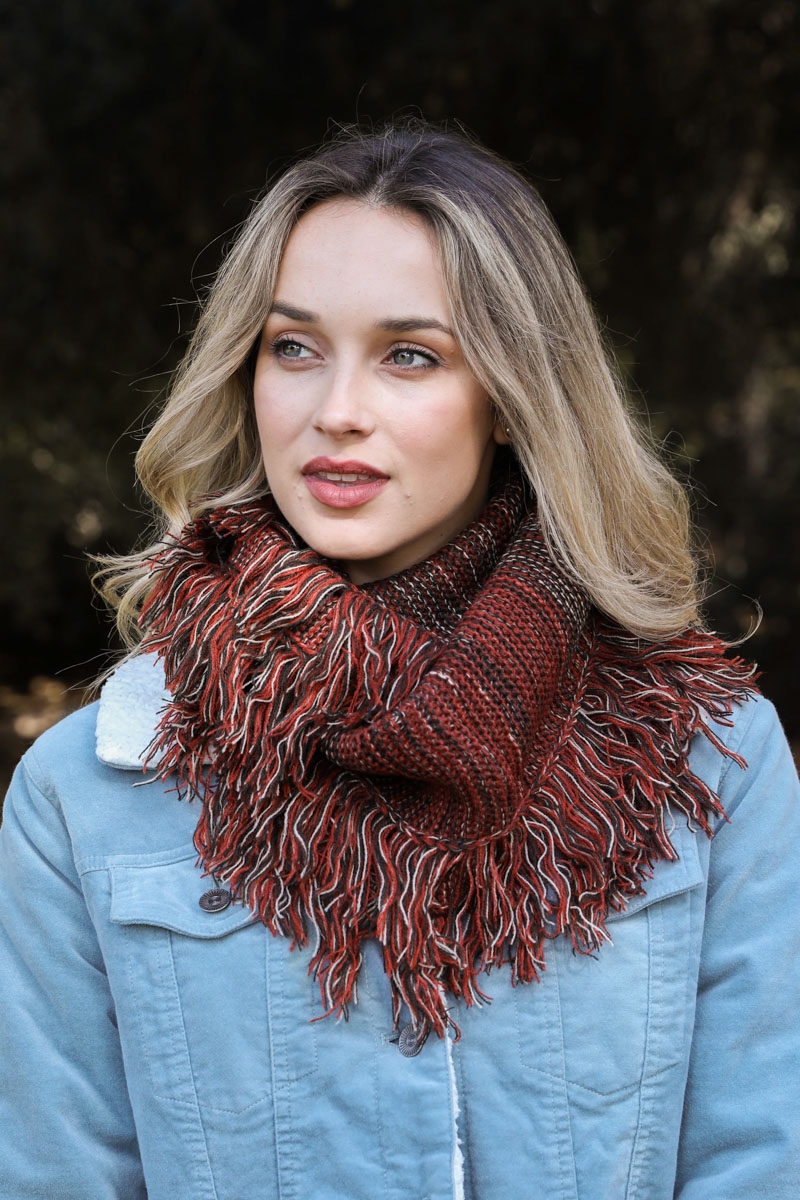 marled knit frayed trim infinity scarf rust wholesale