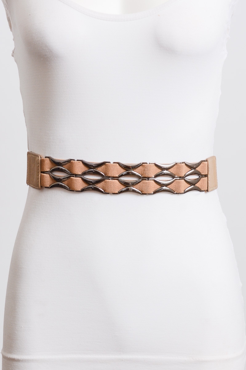 Metal accent elastic belt in khaki, front view