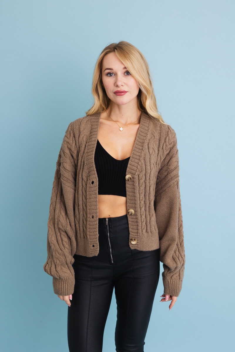 Mocha chunky cable knit cropped cardigan with button-up front