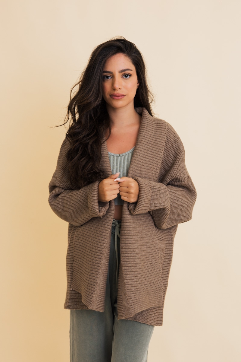 Mocha ribbed oversized knit cardigan front view