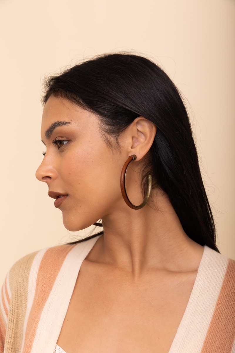 Leather hoop earrings brass accent 