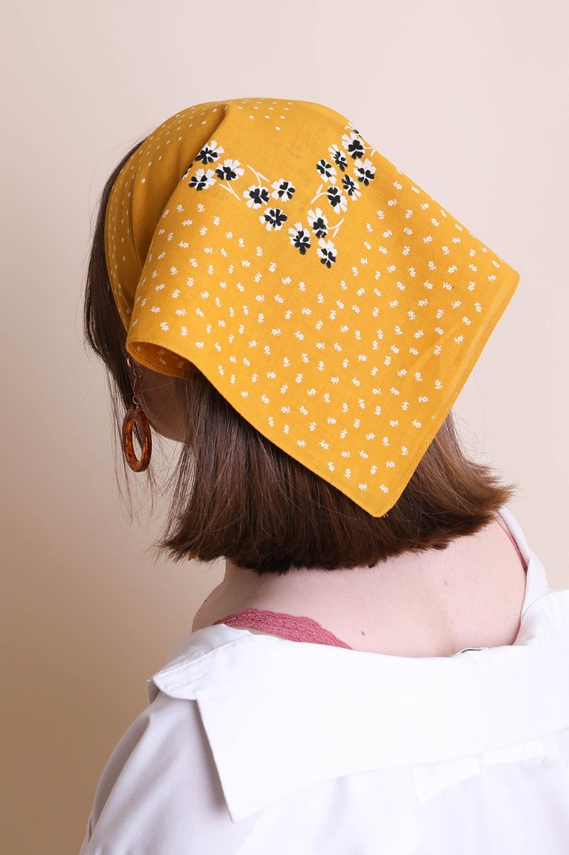 Mustard dot and floral border bandana available in bulk, perfect for wholesale suppliers