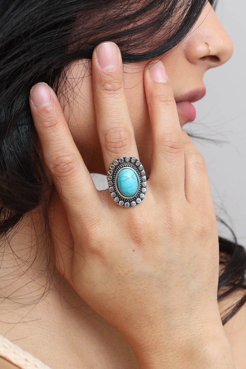 Oval cut antique silver turquoise stone rings vintage