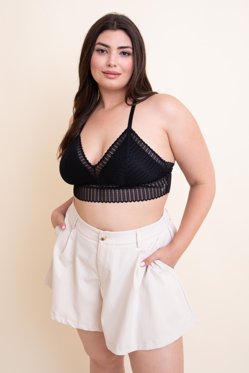 Plus-size ribbed lace racerback bralette in black, ideal for everyday wear and comfort.
