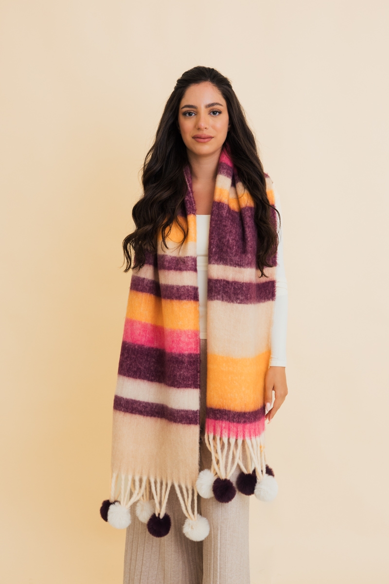 Purple contrast color stripes chunky pom tassel scarf model view