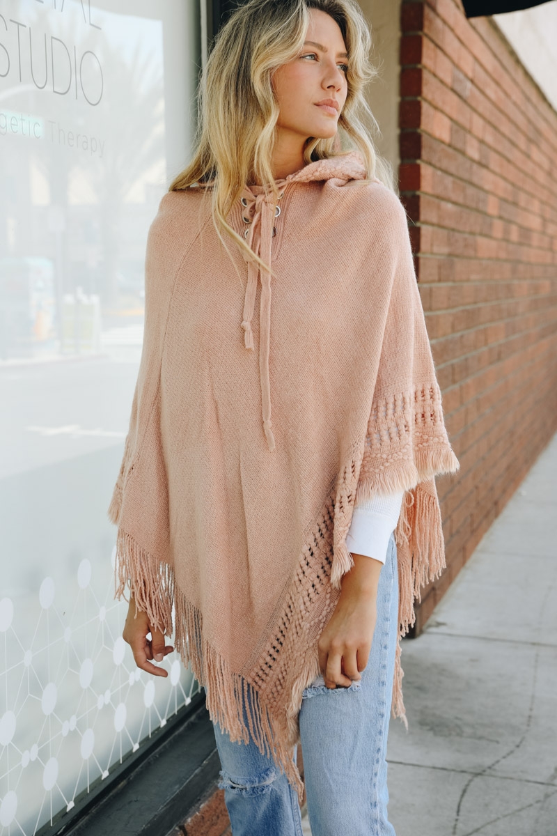 Pink Classic Knit Hooded Poncho Wholesale High Quality Fall Winter Accessories Cheap Price 