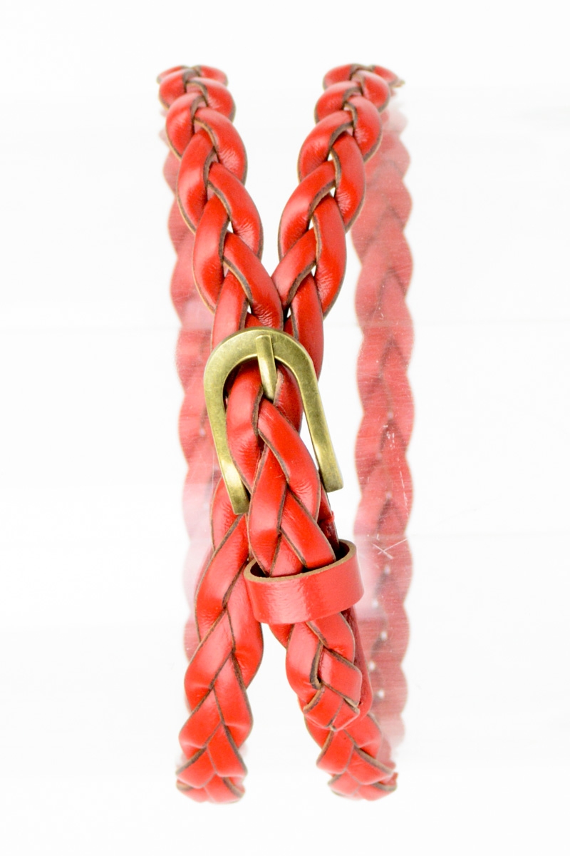 Red braided leather belt, front view