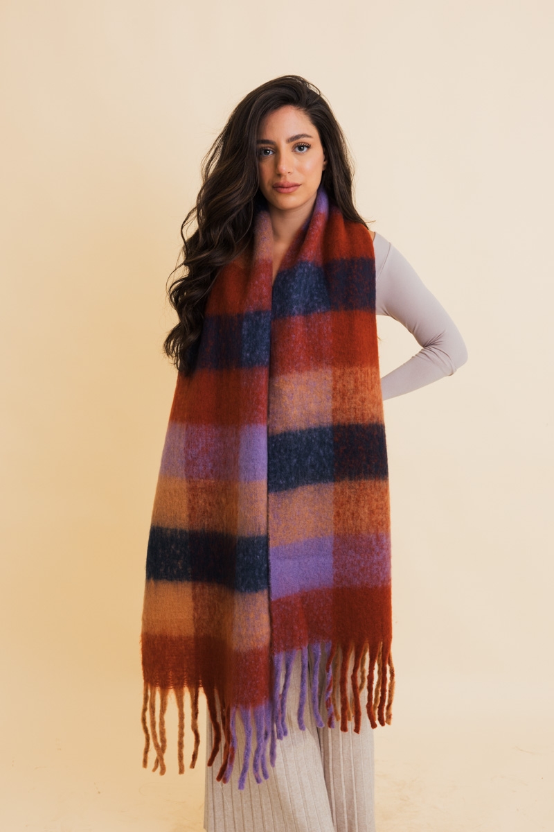 Red oversized fringe scarf model view