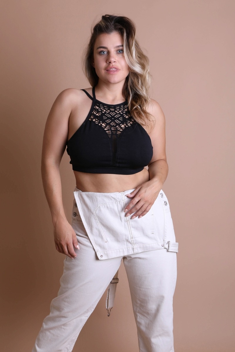 Black Trending Curvy Extended Size Floral Cutout Seamless Crop Top Wholesale 