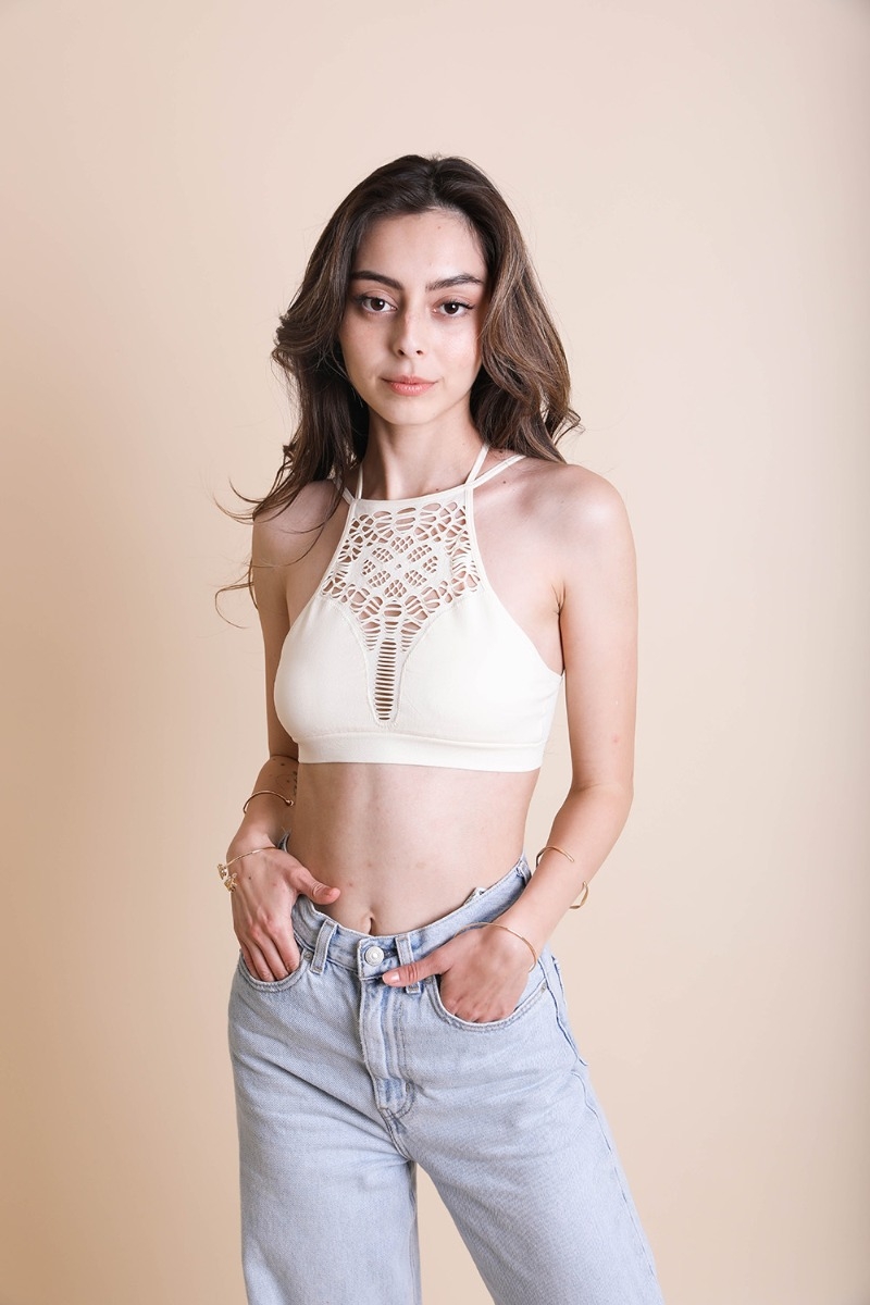 Seamless high-neck strappy brami, wholesale bralettes in ivory color
