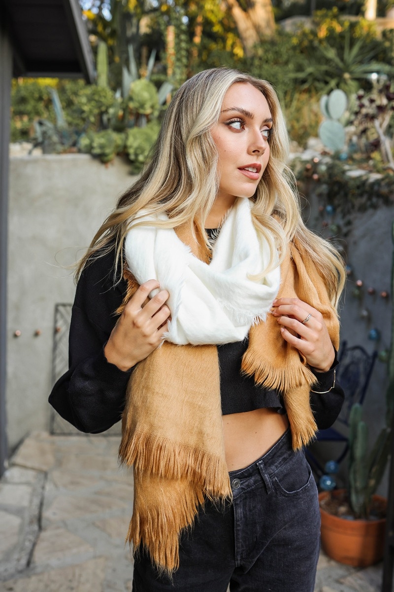 Silky Wool Camel Scarf with Frayed Trim 