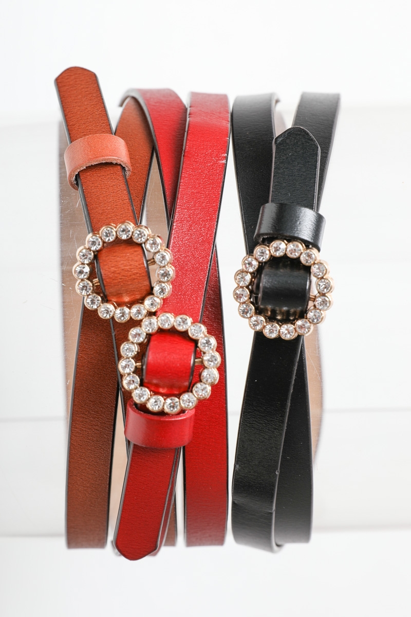 New design skinny rhinestone ring leather cinch belt for women wholesale