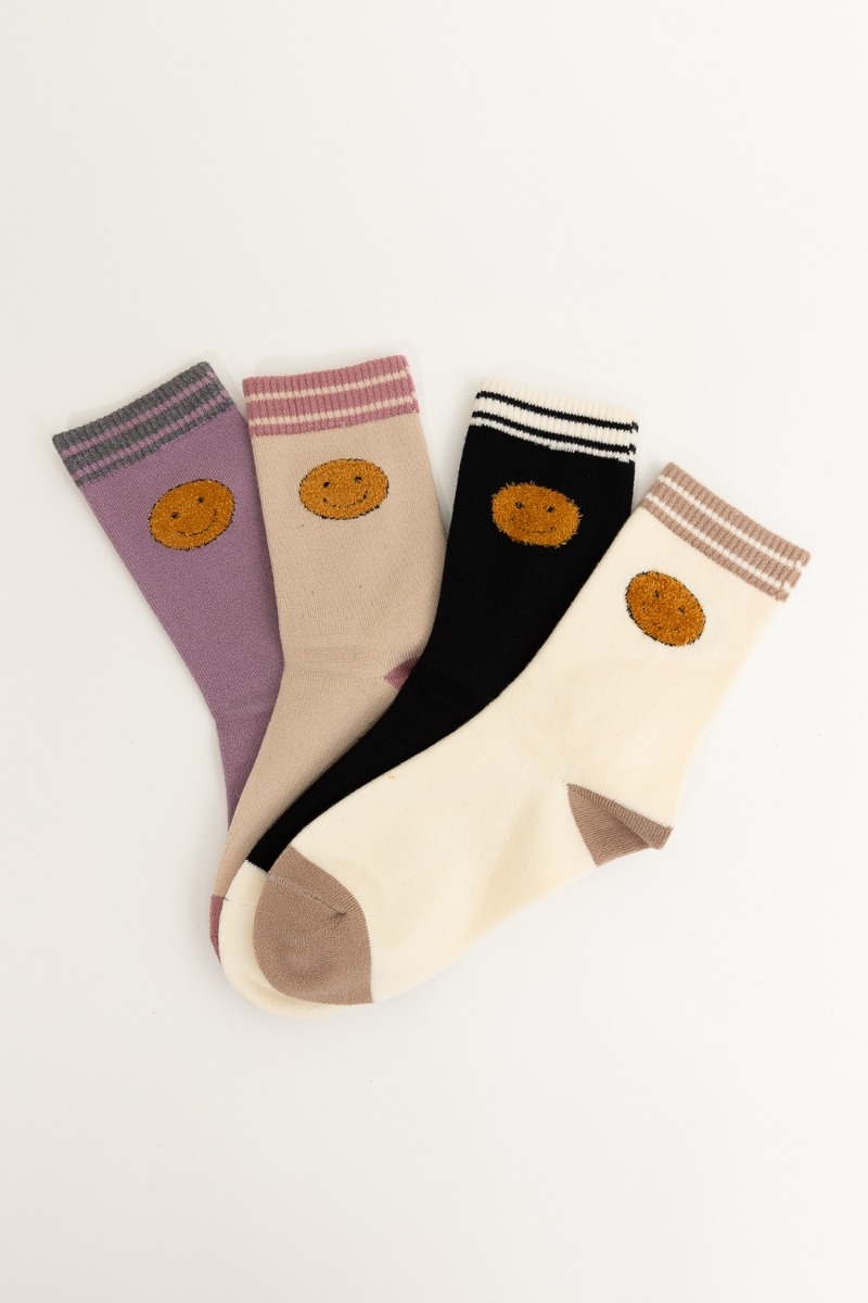 Smiley Face Embroidered Crew Socks Collection - Comfortable Cotton Casual Wear - Leto Wholesale
