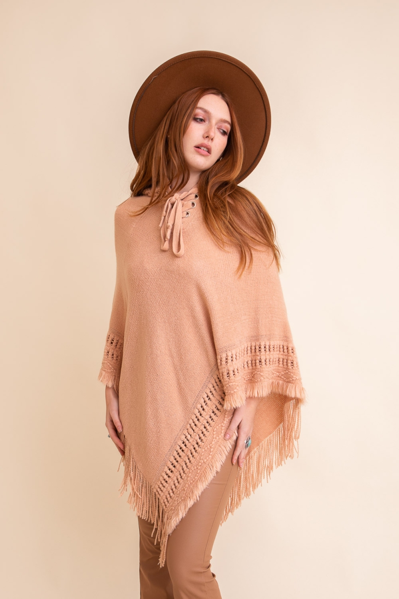 stylish hooded knit poncho bohemian chic shawl wholesale pink