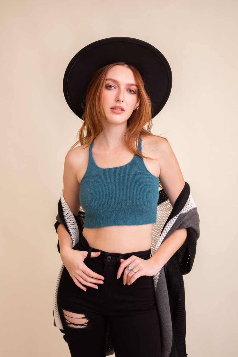 Teal comfortable racerback knit lounge brami, perfect for cozy loungewear.