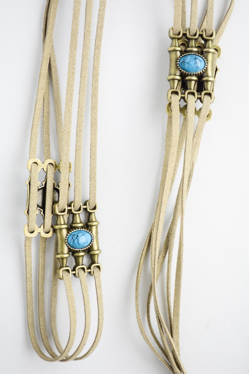 Three rope turquoise stone belt in taupe, a boho chic accessory with a turquoise accent for fashion.